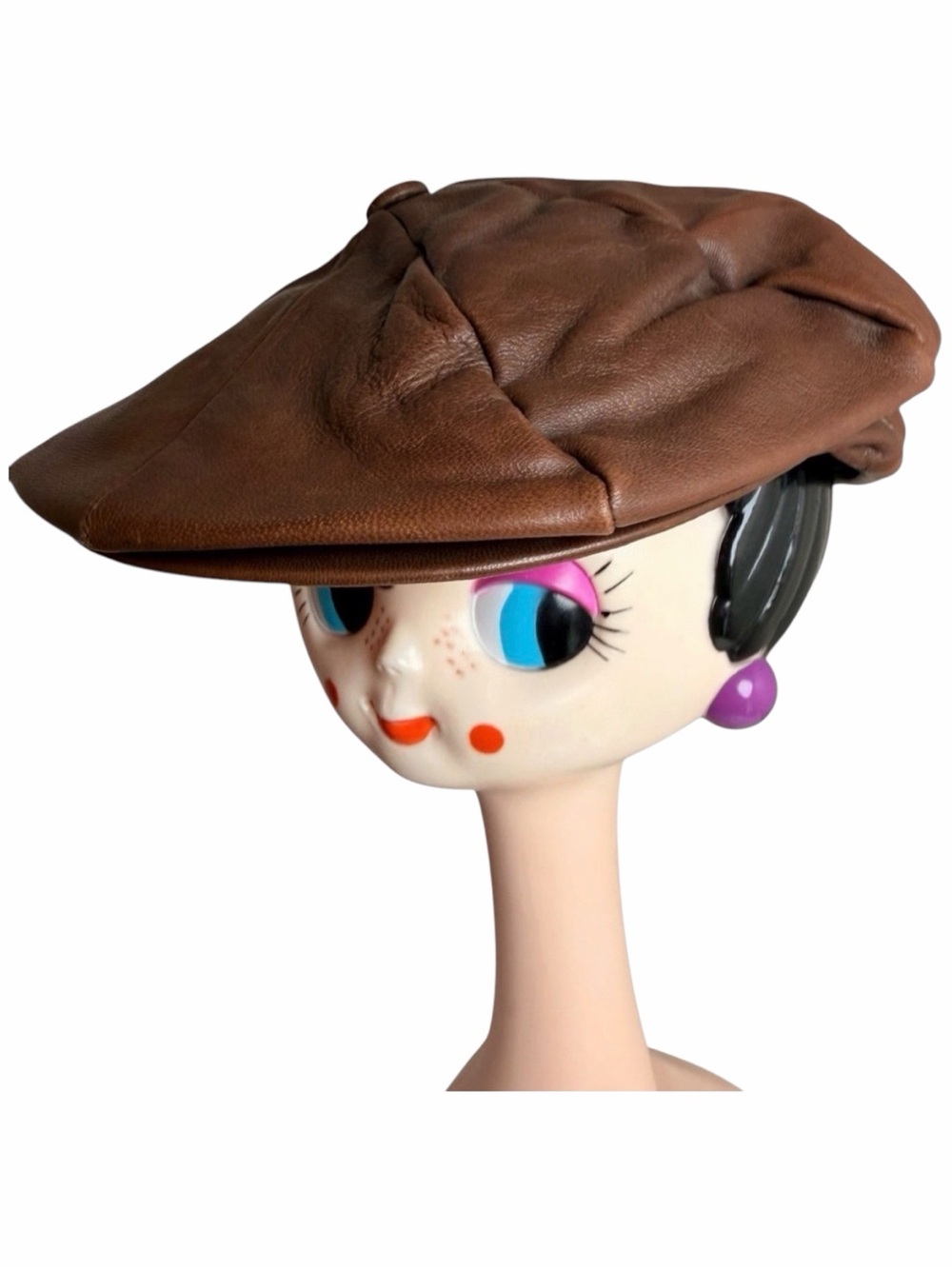 Vintage Dobbs Fifth Avenue Chocolate Brown Leather Newsboy Baker Boy Cap M USA